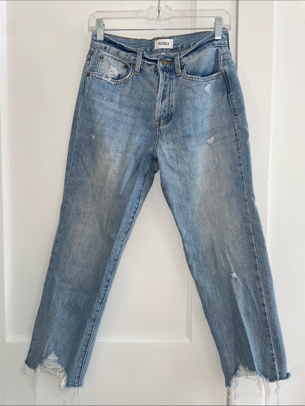 pistola light blue distressed straight leg jeans